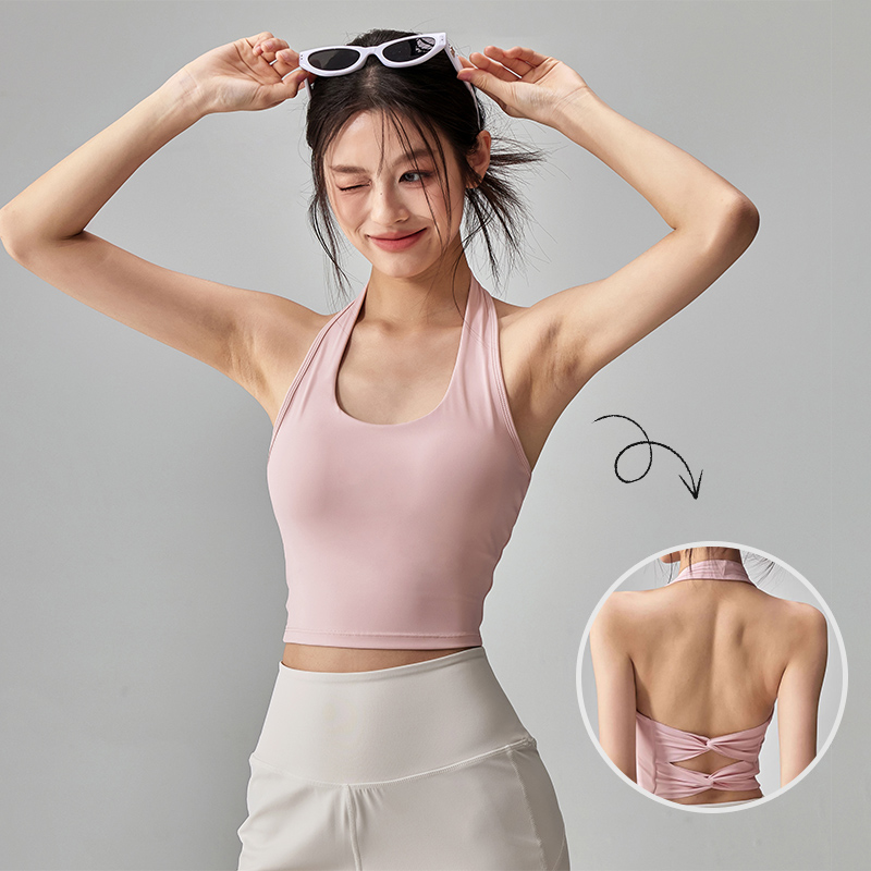 Suspender Tank Top - 여성용 더블 보우노트 홀터 운동 탱크탑