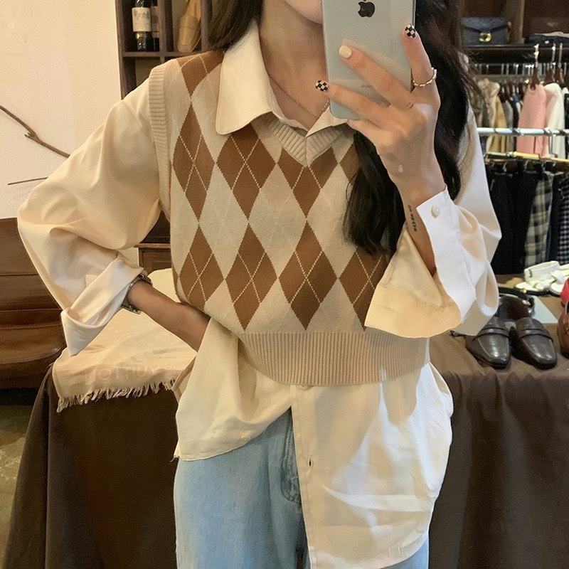 Tank Top Ribbed - 가을 패션 여성 빈티지 격자 무늬